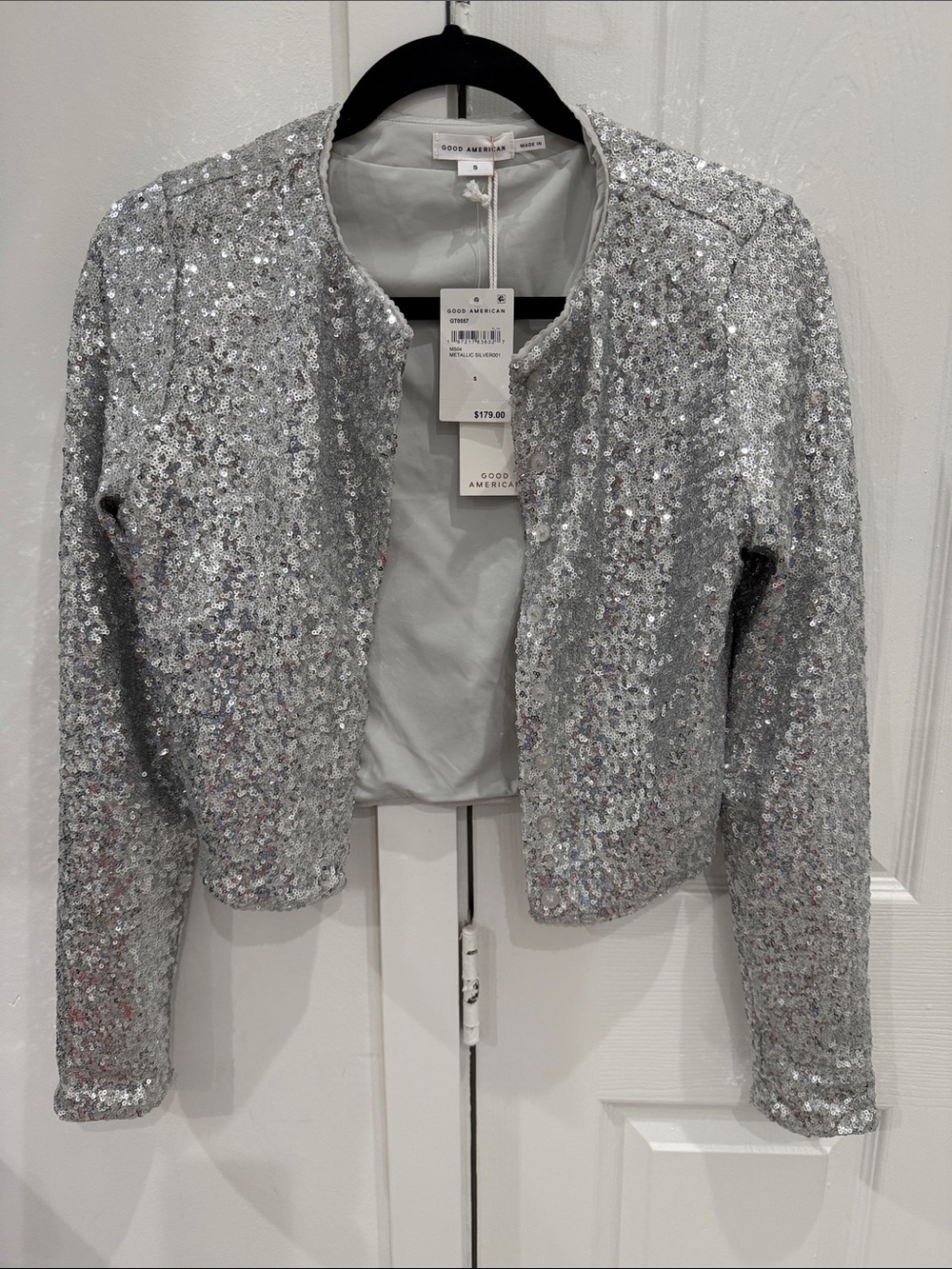 Good American Silver Sequin Collarless Cropped Jacket